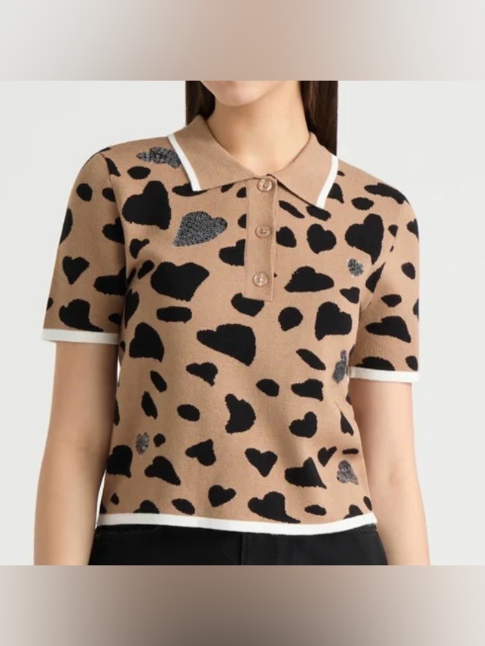 NWT NVLT Leopard Embellished Short Sleeve Polo Knit Sweater Size Small